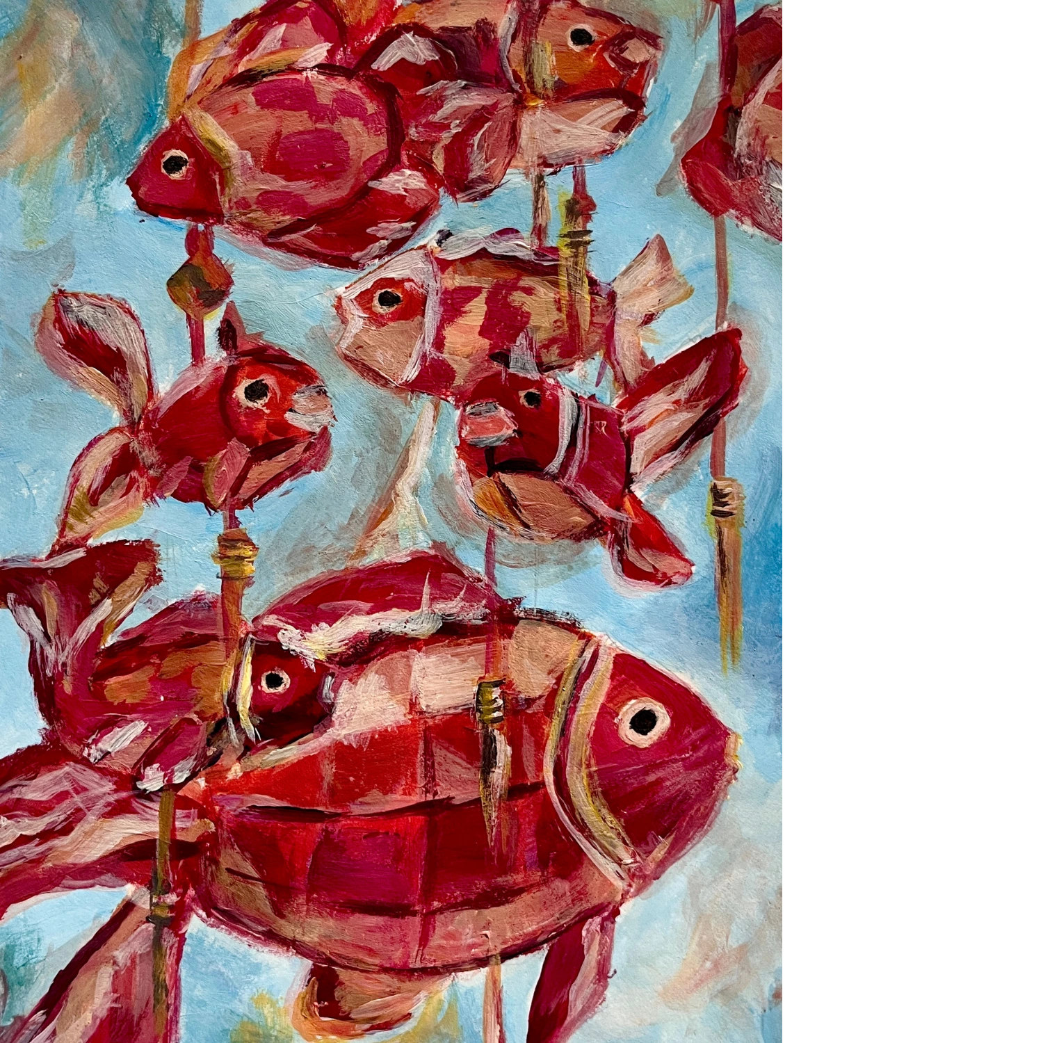 Whimsical red fish suspended against a pale blue background